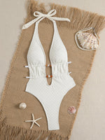 New White Pearls V Neck One Piece Swimwear Women 2026 Hollow Out Bandage Backless Swimsuit Summer Holiday Bathing Suit Monokini
