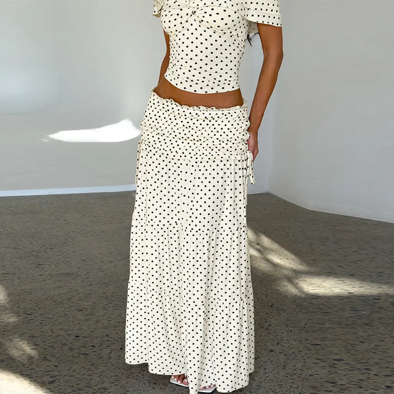 FDYOUI Woman Clothing Polka Dot Crop Tops and Lace-up Skirt Two Piece Sets Female Elegant Slash Neck Long Vacation Dresses Suit
