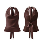 Women Halter Cowl Neck Tank Tops Slim Solid Color Satin Sleeveless Backless Vest for Going Out Party Club