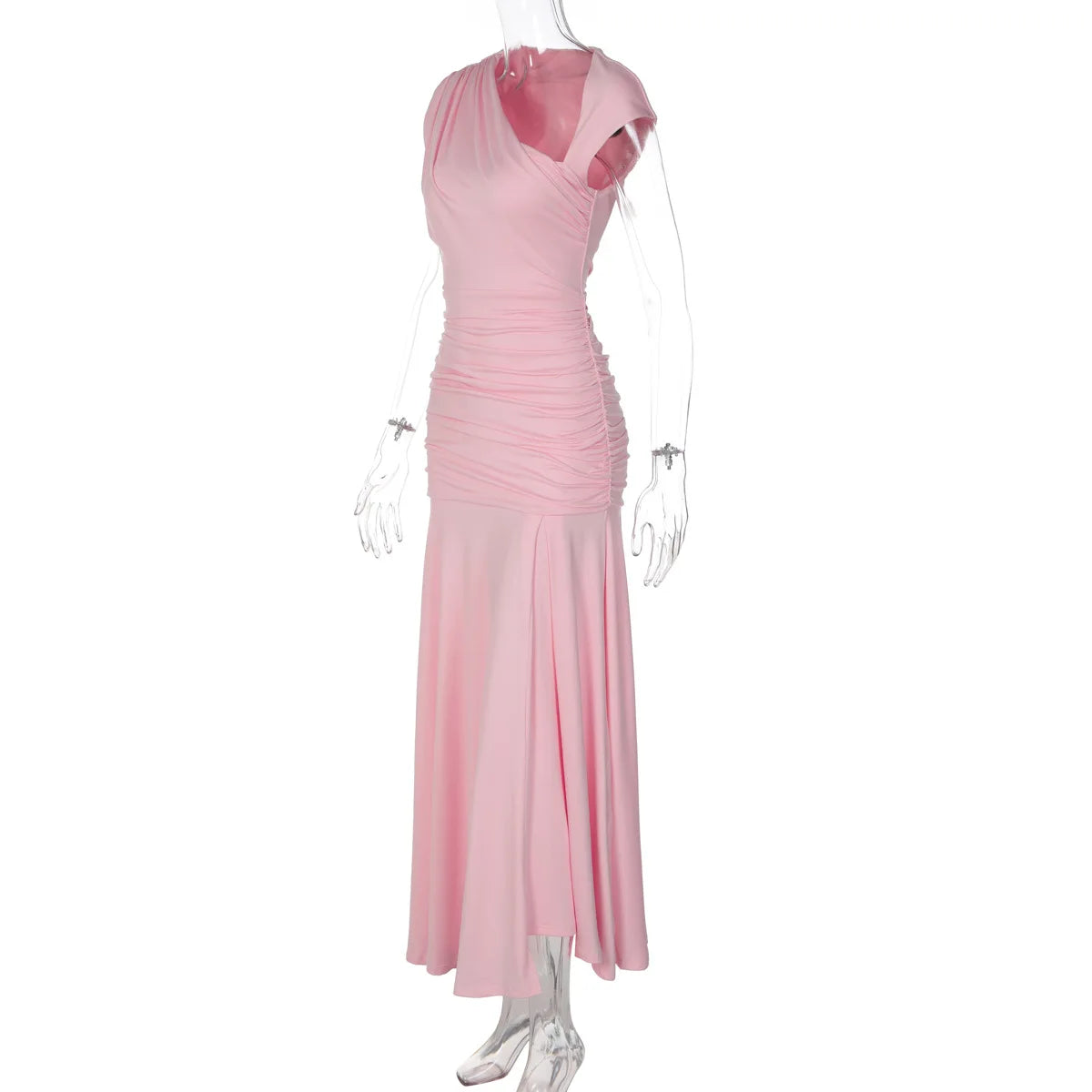 FDYOUI 2026 Summer Diagonal Collar Sleeveless Birthday Dress Women Sexy Tunics Pleated Solid Long Party Dresses Pink Black Gown