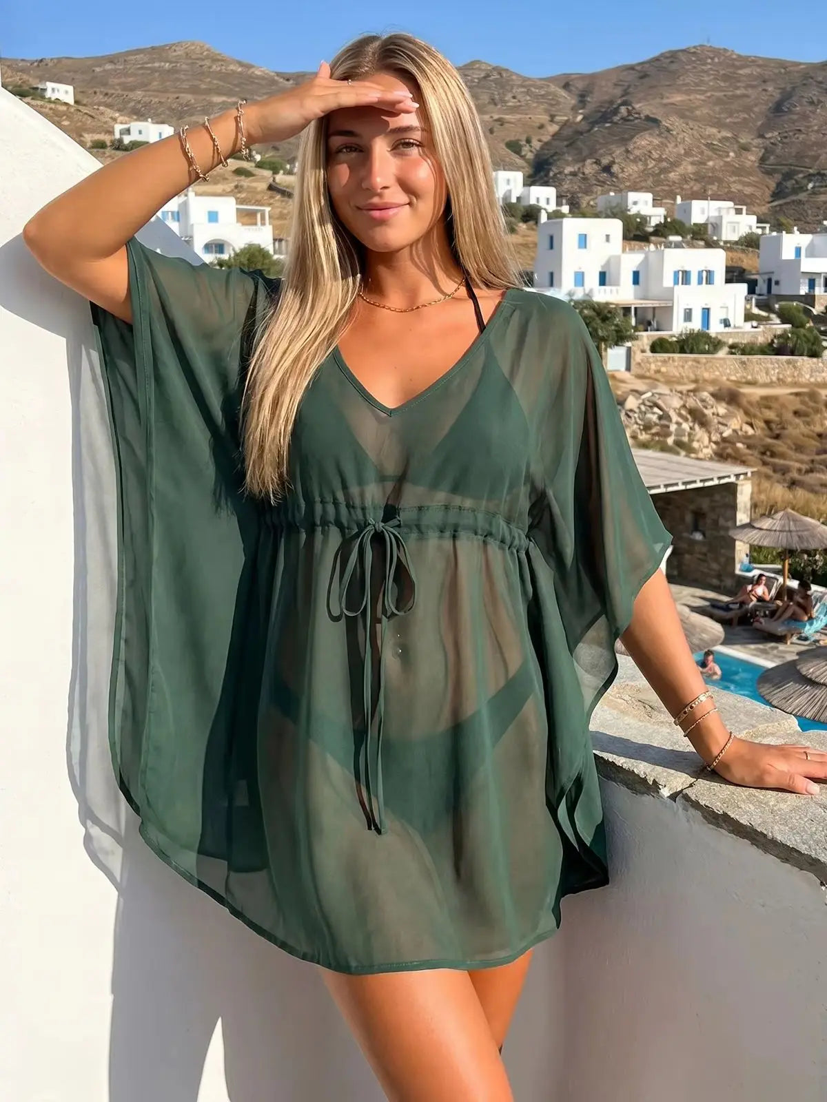 Women Mesh Sheer Swimwear Cover-ups Loose Fit Solid Color Short Sleeve Mini Dress for Beach Pool Casual Bikini Cover Ups Summer
