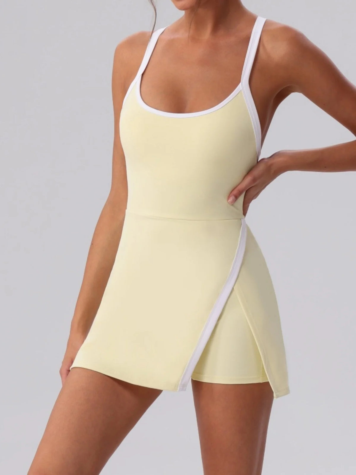 Color Contrast Tennis Dresses Women Beautiful Back Hollow Back Cross Split Skirt Pocket Sports Fitness One-piece Yoga Golf Suit