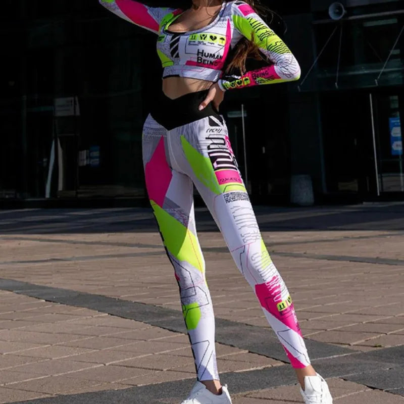 2 Piece Sets Women's Clothes Stylish Color-Block Letter Print Tops V-shaped High-waist Yoga Leggings Gym Clothes Woman 90322
