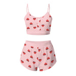 Summer 2-Piece Pajama Set Women Sleepwear Sexy Lingerie Love Printed Lace Sling Crop Tops and Shorts Loungewear Pijamas