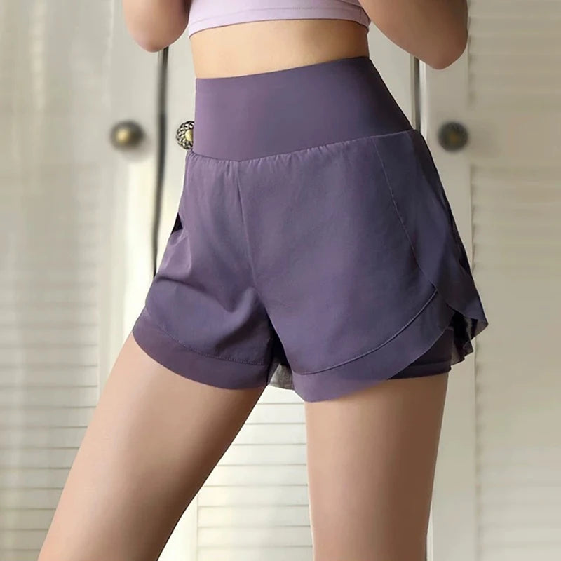 Women's yoga shorts, summer mesh fake two-piece quick drying anti glare fitness high waisted yoga pants