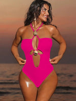 DEKA Solid Swimwear Women's New Hollow Out Metal One Piece Swimsuit High Elasticity Beach Vacation Style Halter Bikini Female