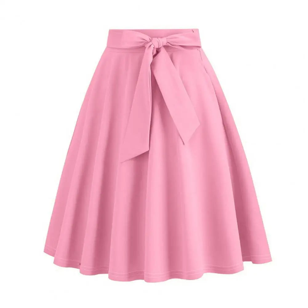 Women Skirt A-line Big Swing Belted Tight Waist Bow Decor Solid Color High Waist Soft Ruffle Summer Dating Party Midi Skirt