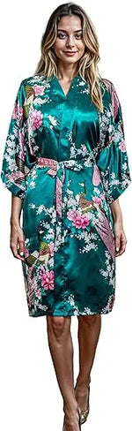 Lace Up Woman Peacock Print Japanese Kimono Yukata Silk Satin Short Style Sleepwear Home Nightgown Bath Robe Costume