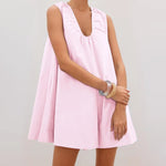Women Summer Solid Color V Neck Loose Tank Dress Sleeveless Beach Mini Dresses with Pocket