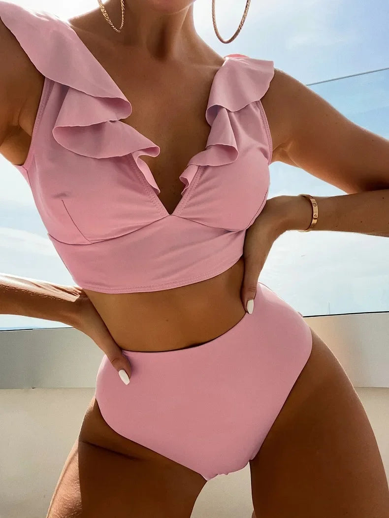 Solid Color Sexy V-neck Ruffle Bikini 2026 Women 2 Piece Swimwear Push Up Padded High Waist Swimsuit Summer Beach Bathing Suit