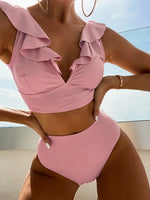 Solid Color Sexy V-neck Ruffle Bikini 2026 Women 2 Piece Swimwear Push Up Padded High Waist Swimsuit Summer Beach Bathing Suit