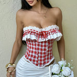 Summer Red Plaid Fishbone Corset Top Chic Strapless Lace Trim Waist Cinching Tank Top 2026 Tied Rope Club Daily Camis Vest