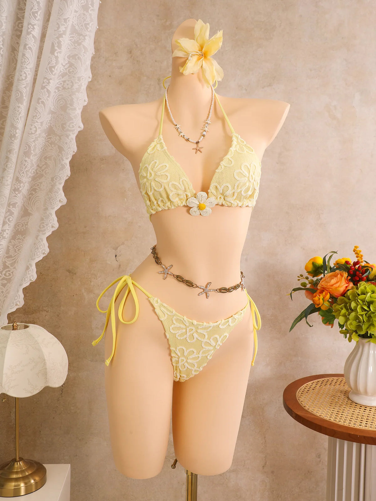 Vintage White Floral Embroidery Bikini Set 2026 Women 3D Flower Push Up Bra Pleate Skirt 3 Piece Swimsuit Bathing Suit Swimwear