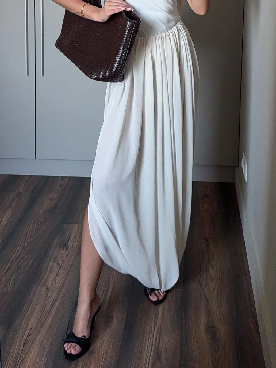 FDYOUI Elegant Solid Color Pleated Skirts for Women 2026 Chic High Slit Long Skirt High Street Office Lady Vacation Party Dress