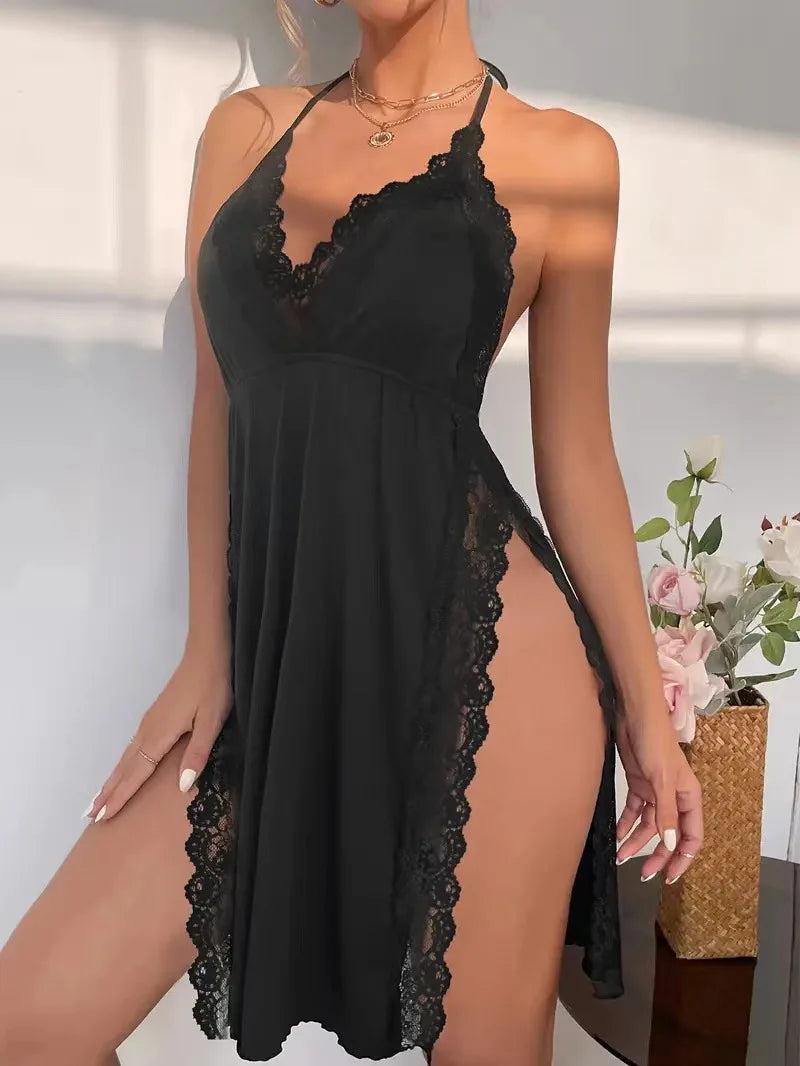 Sexy Leopard Print Backless Nightgown with Lace Trim, Deep V Halter Lingerie Dress for Women, Side Slit Soft Nightwear Sexy Chic