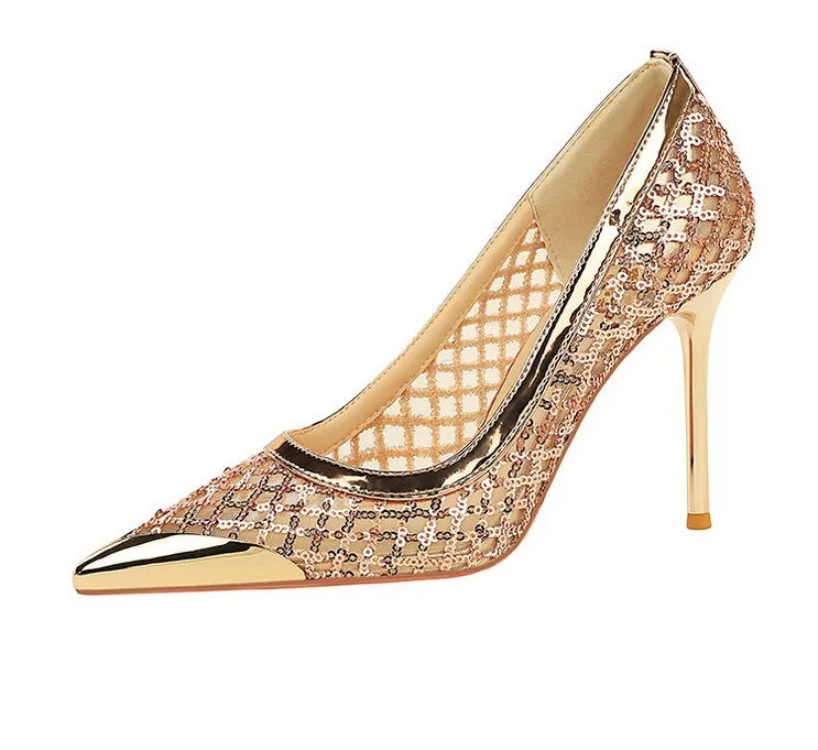 BIGTREE 2026 Fashion Metal Decoration Mesh Hollow Pointed Toe Woman Pumps Thin Heels Party Ladies Shoes Zapatillas De Mujer