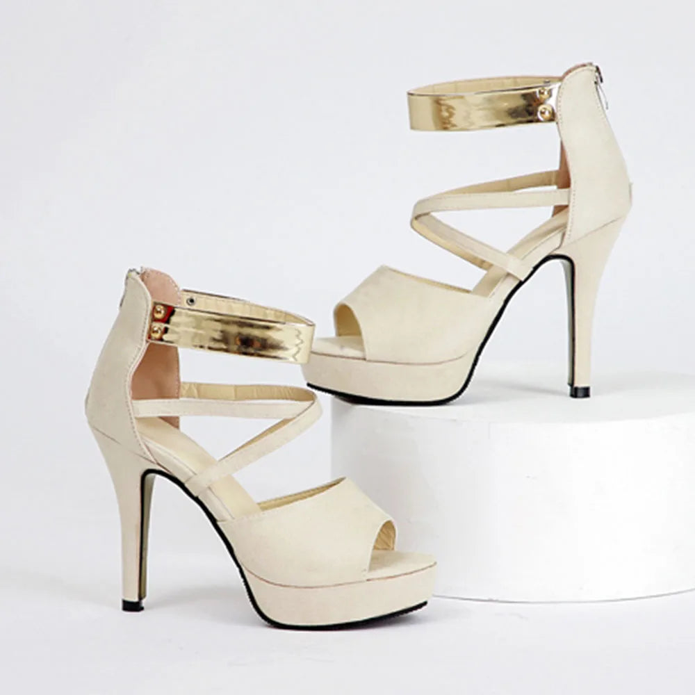 Women's Sexy Peep Toe Platform 12cm High Heel Sandals with Gold Metal Classic Ankle Strap Crisscross Stiletto Heel Party Shoes