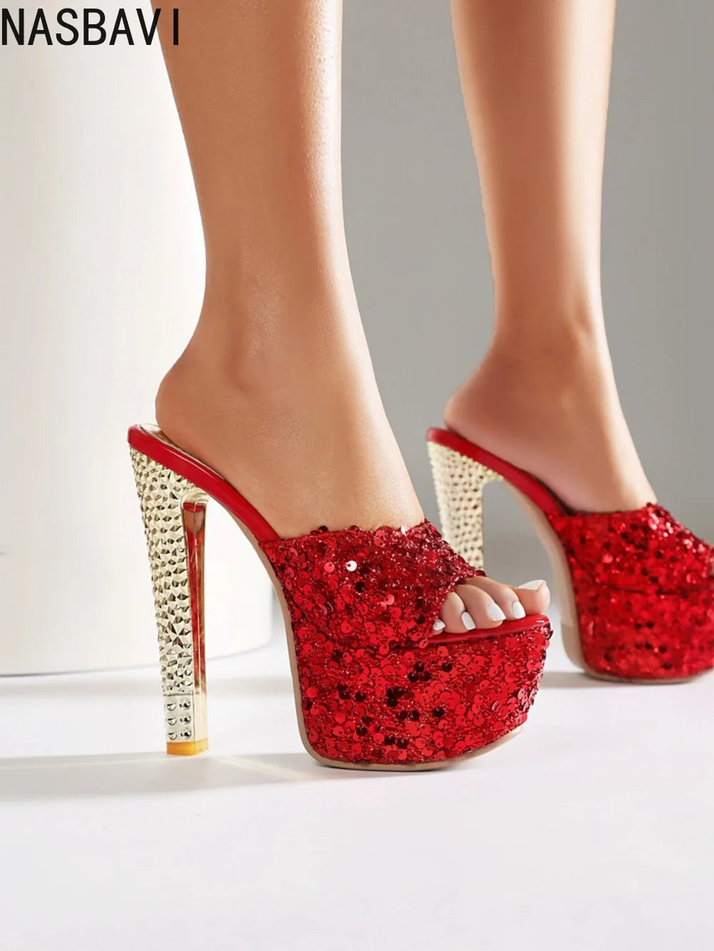 34-47 Super High Heels 16.5CM Nightclub Sexy BrightCharm Red Platform Thick Heel Sandals Model Show Slippers Women' Large Size