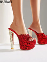 34-47 Super High Heels 16.5CM Nightclub Sexy BrightCharm Red Platform Thick Heel Sandals Model Show Slippers Women' Large Size