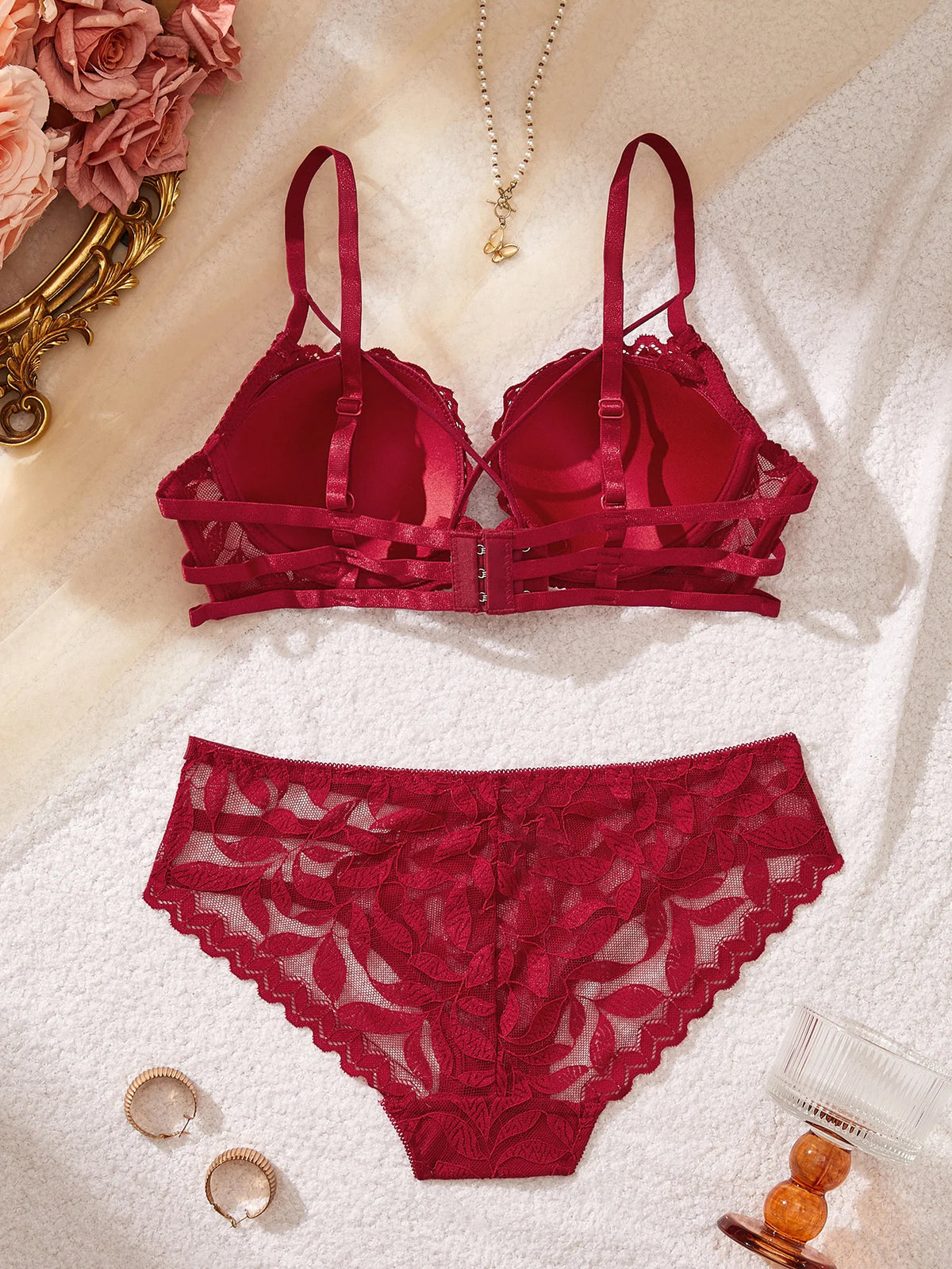 Women Floral Lace Lingerie Set Solid Thin Straps Push Up Sexy Bra Romantic Sheer Intimate Underwear