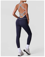 High Stretch Body Shaping Yoga Jumpsuit Women Black Patchwork Hollow Out Back Cross Fitness Sports One Piece Workout Bodysuits