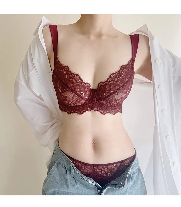 French Lace Bra Set Women Sexy Deep V Push Up Big Bust Minimizer Anti Sagging Support Wireless Comfort Summer Ultra Thin Cotton
