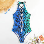 Leopard Print One Piece Swimwear Women 2026 Blue Green Gradient Bikini Sexy Cross Bandage Hollow Out Monokini Backless Beachwear