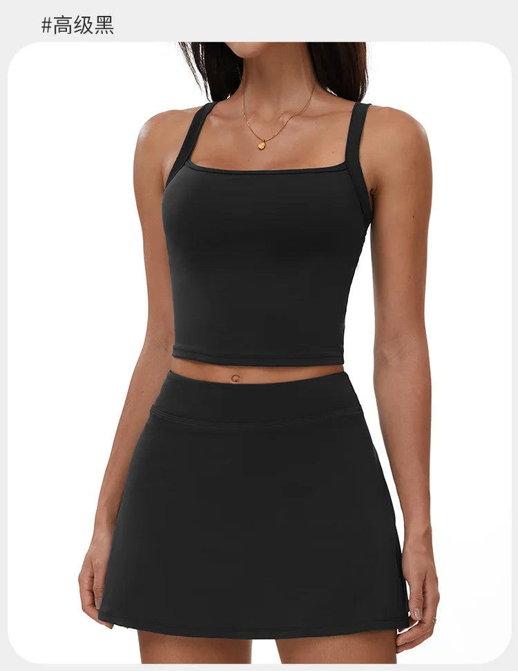 2 Piece Yoga Skirt Set Women Outdoor Neck Hanging Sports Vest High Waist Pleate A Line Skorts Fitness Suit Gym Workout Clothes