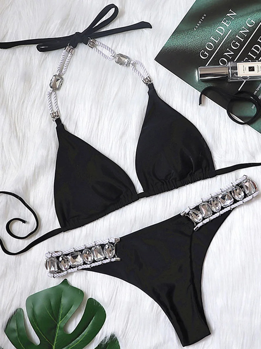 Halter Shiny Crystal Diamond Bikini Women Bandage Swimsuit Female Swimwear Rhinestone Bikini set Brazilian Bathing Suit Swim