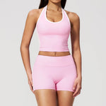 Naked Color Contrast Yoga Sets Women Hanging Neck Sports Vest Gym Clothes Breathable High Waist Shorts Fitness Suits Tracksuit