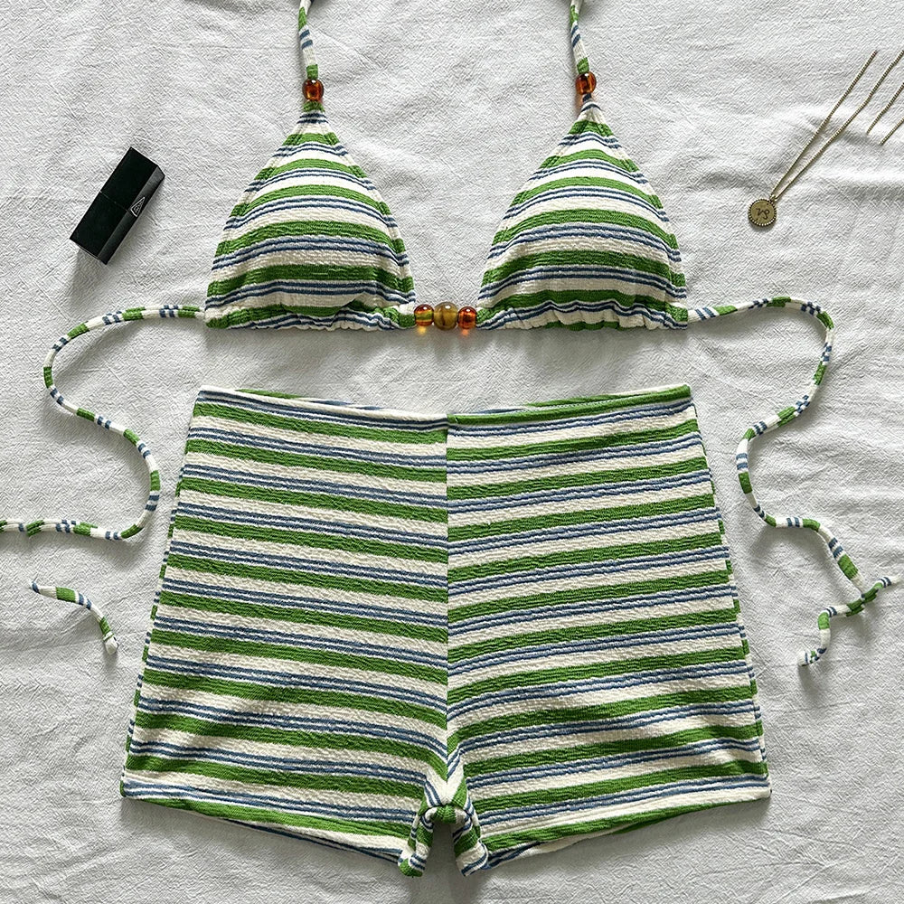Sexy Striped Print Triangle Bikini with Shorts Halter Bead String Swimsuit Woman 2026 Swimwear Brazilian Bikinis Sets Femmes