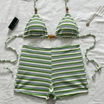 Sexy Striped Print Triangle Bikini with Shorts Halter Bead String Swimsuit Woman 2026 Swimwear Brazilian Bikinis Sets Femmes