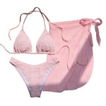 Pink Solid Color 3-piece Swimsuit Women 2026 Summer Beach Skirt Bikini V-neck Halter Backless Bathing Suit Summer Beach Swimwear
