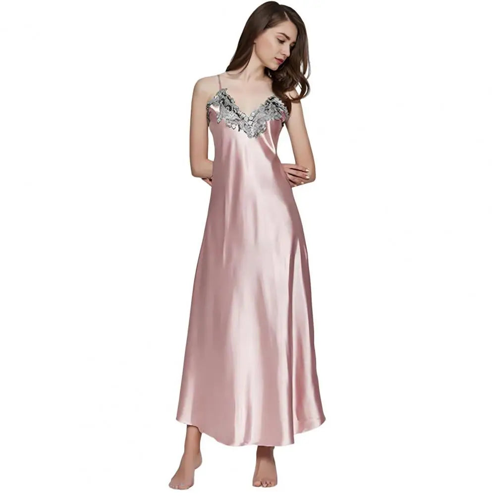 Women's Satin Lace Nightgown Spaghetti Strap Sleeveless Slip Dress Soft V Neck Maxi Sleepwear Silky Chemise Nightdress