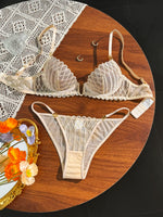 French Style Beige Lace Bra and Panties Set Women Sexy Eyelash Lace Underwear Transparent Mesh Two Piece Lingerieeige