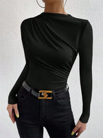 Casual Pleated Mock Neck Long Sleeve T-shirt for Women Autumn Winter Spring Solid Color Ruched Skinny Slim Fit Blouse Top Tshirt