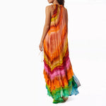 Rainbow Stripe Sleeveless Long Dresses Women Fashion Fold Layered Loose A-line Maxi Dress Temperament Lady Commuting Vestidos