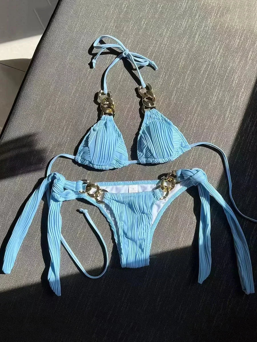 Halter Metal Rings Bikinis Wrinkled Bikini Female Swimsuit Women Swimwear Two-pieces Bikini Set High Cut Bathing Suit Swim Lady