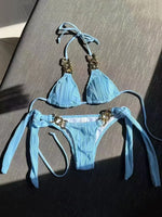 Halter Metal Rings Bikinis Wrinkled Bikini Female Swimsuit Women Swimwear Two-pieces Bikini Set High Cut Bathing Suit Swim Lady