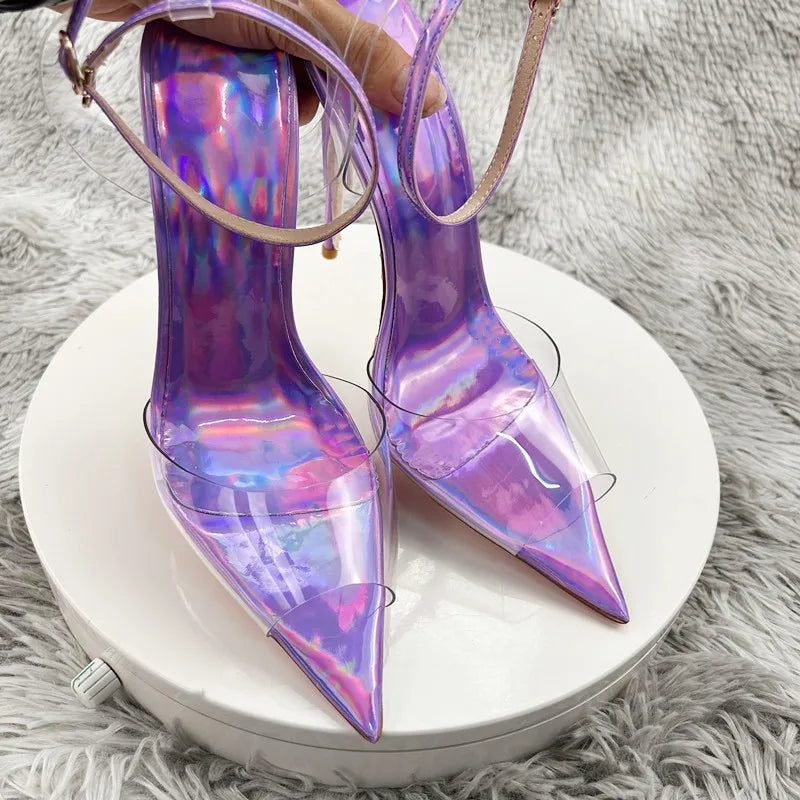Laser Purple Women Sexy Summer Sandals PVC Pointed Toe Shoes 2023 Newest Slingback Shoes Thin Heels Party Ankle Buckle Ladies