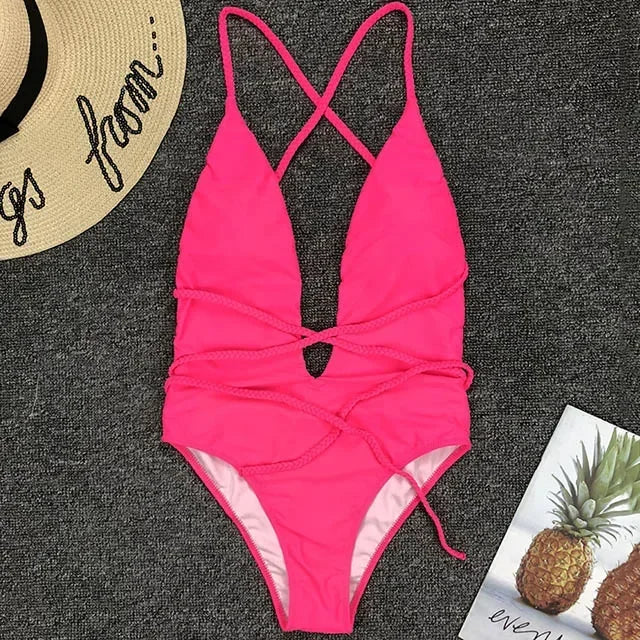 New 2025 Sexy Deep V Neck Wrap Around Female Swimwear One Piece Swimsuit Women Backless Monokini High Cut Bathing Suit Swim Lady