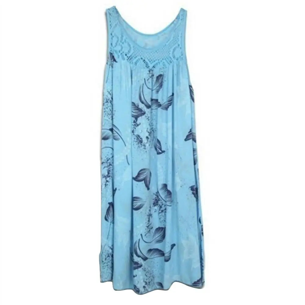 Mini Dress Floral Printed Lace Stitching O-Neck Sleeveless Women Summer Loose Tank Dress