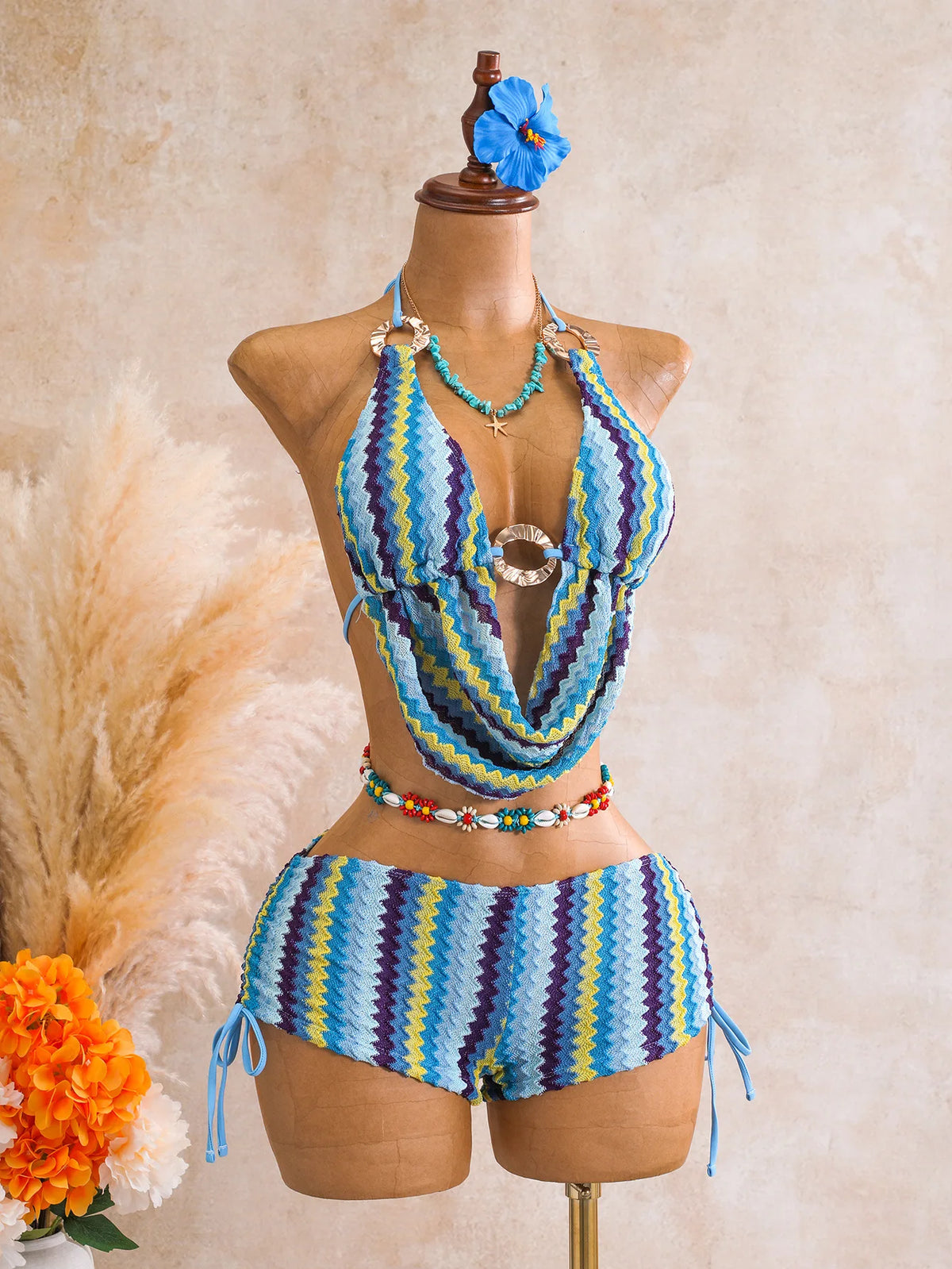 Vintage Blue Striped Knitted Cover Up 3 Piece Bikini Set 2026 Swimwear Women Push Up Bra Drawstring High Waist Shorts Swimsuit