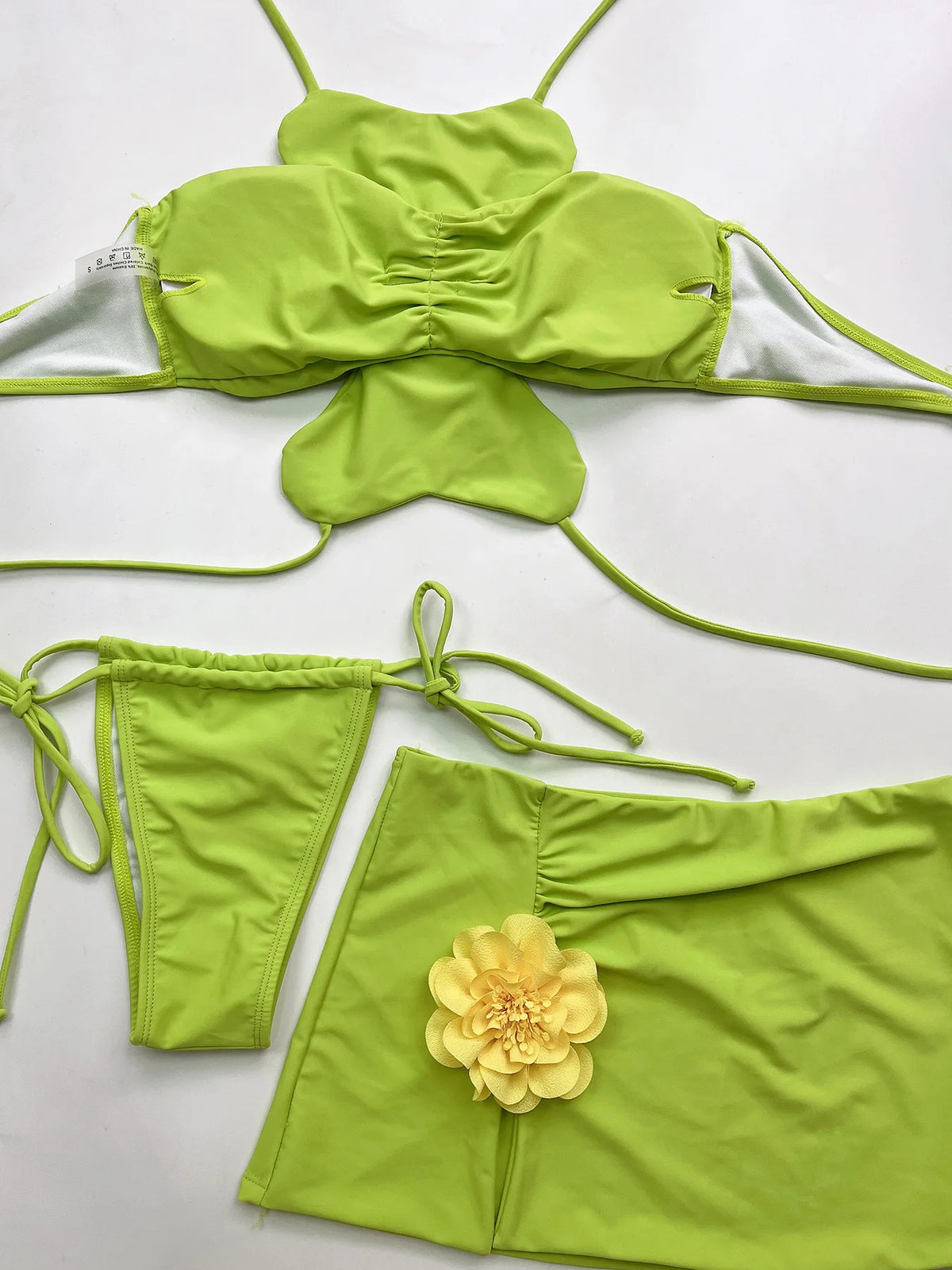 DEKA Women Sexy Green 3D Floral Bikinis Set Halter Push Up Pleate Skirt 3 Piece Swimsuit Beach Bathing Suit Thong Swimwear