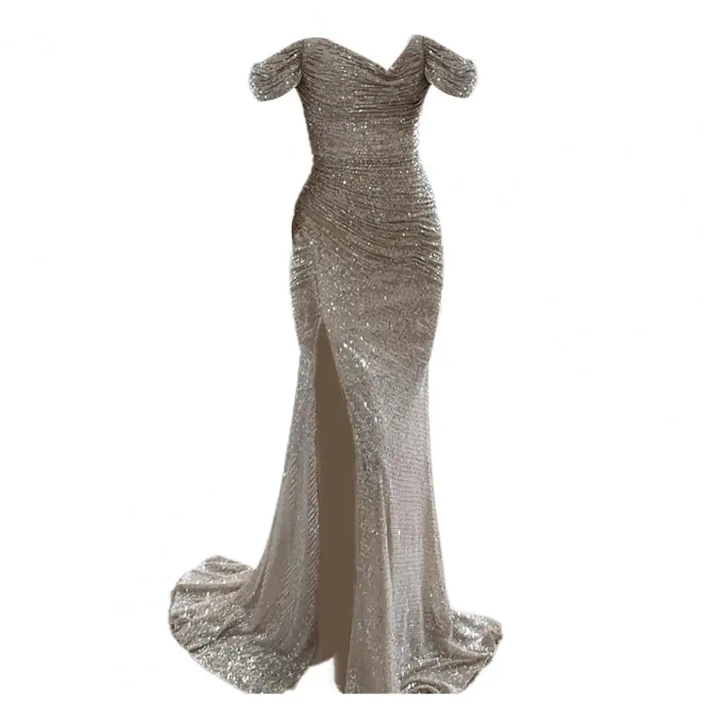 Evening Party Prom Dress Elegant V-Neck Off Shoulder Dress Sequin Pleated Short Sleeve Waist Tight Slim Sexy Split Long Dress