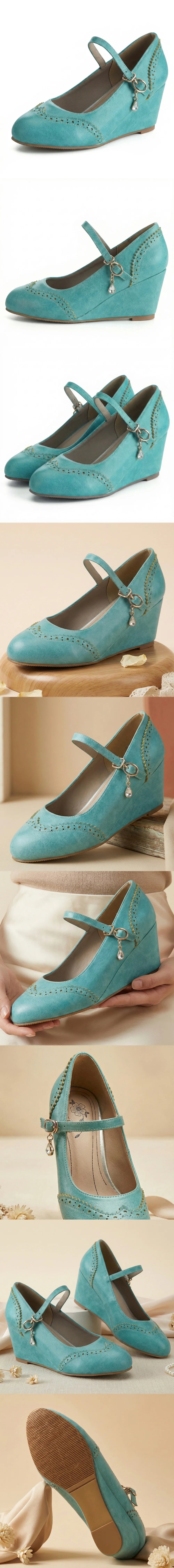 2026 Small Big Size 32-48 Vintage Green 7cm High Heels Wedges Pumps White Red Comfy Walk Summer Mary Janes Brogue Shoes Women