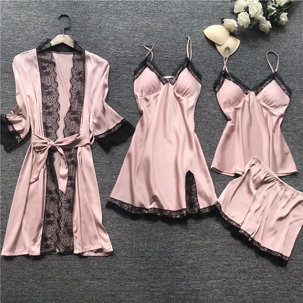 4 Pieces Women's Sexy Lace Pajamas Fashion V-Neck Gown Comfort Pajamas Pajamas Pajamas With Chest Pads Nightdress Casual Loungew