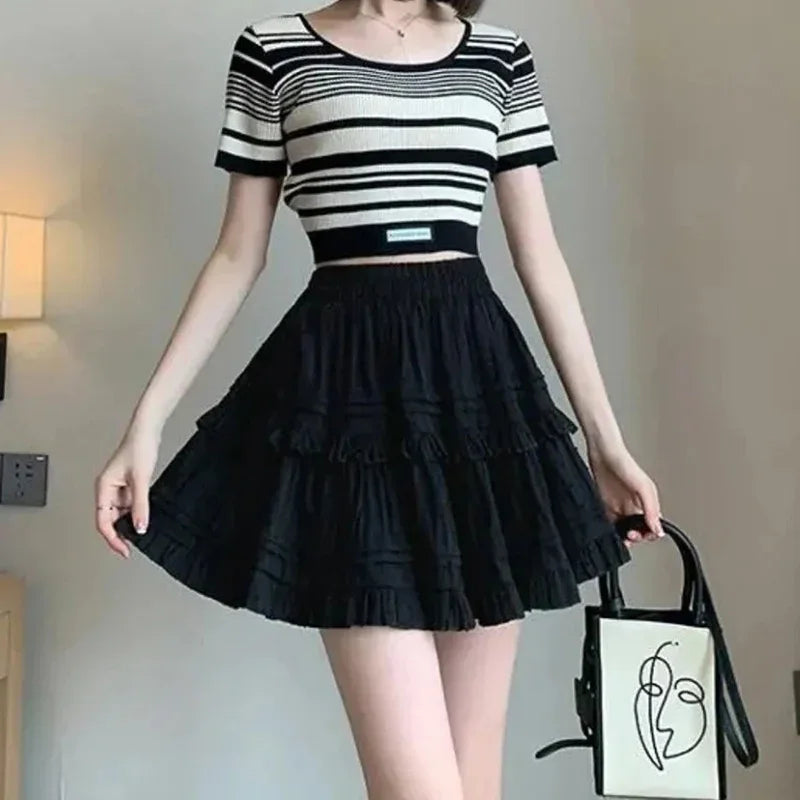 Sweet Cute Lace Mini Skirt Women Kawaii White Ruffles Pleated Short Skirts Woman 2025 Summer Korean High Waist A Line Skirts