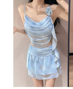 Swimsuit Women's Two-piece Fairy Style Sexy Hot Spring Skirt Style Three-dimensional Flower Ribbon Swimsuit