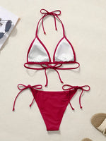 Women Bikini Set Solid Color Triangle Halter Neck Tie Side Two Piece Swimsuit Adjustable String Swimwear for Beach Vacation